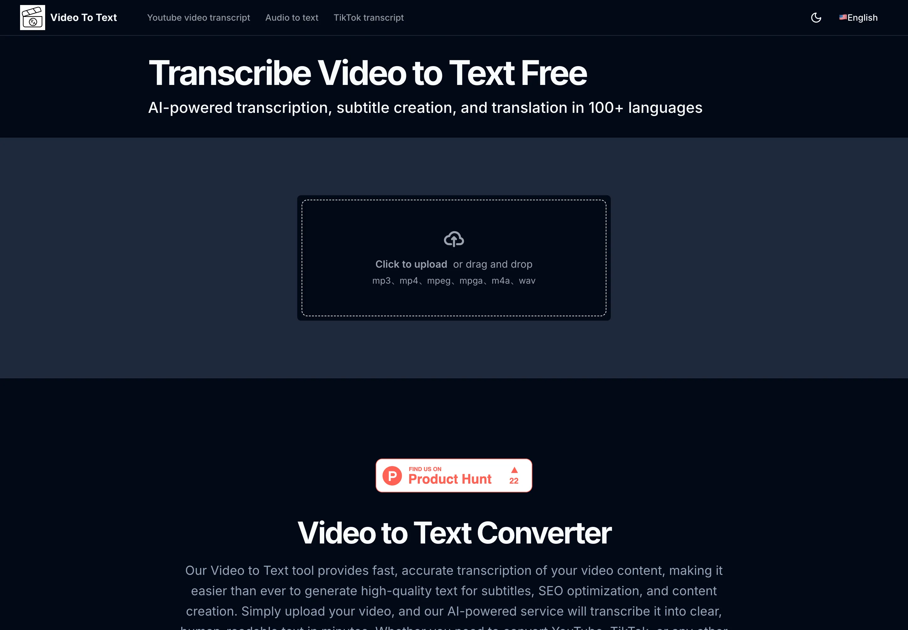 Video to text tool page